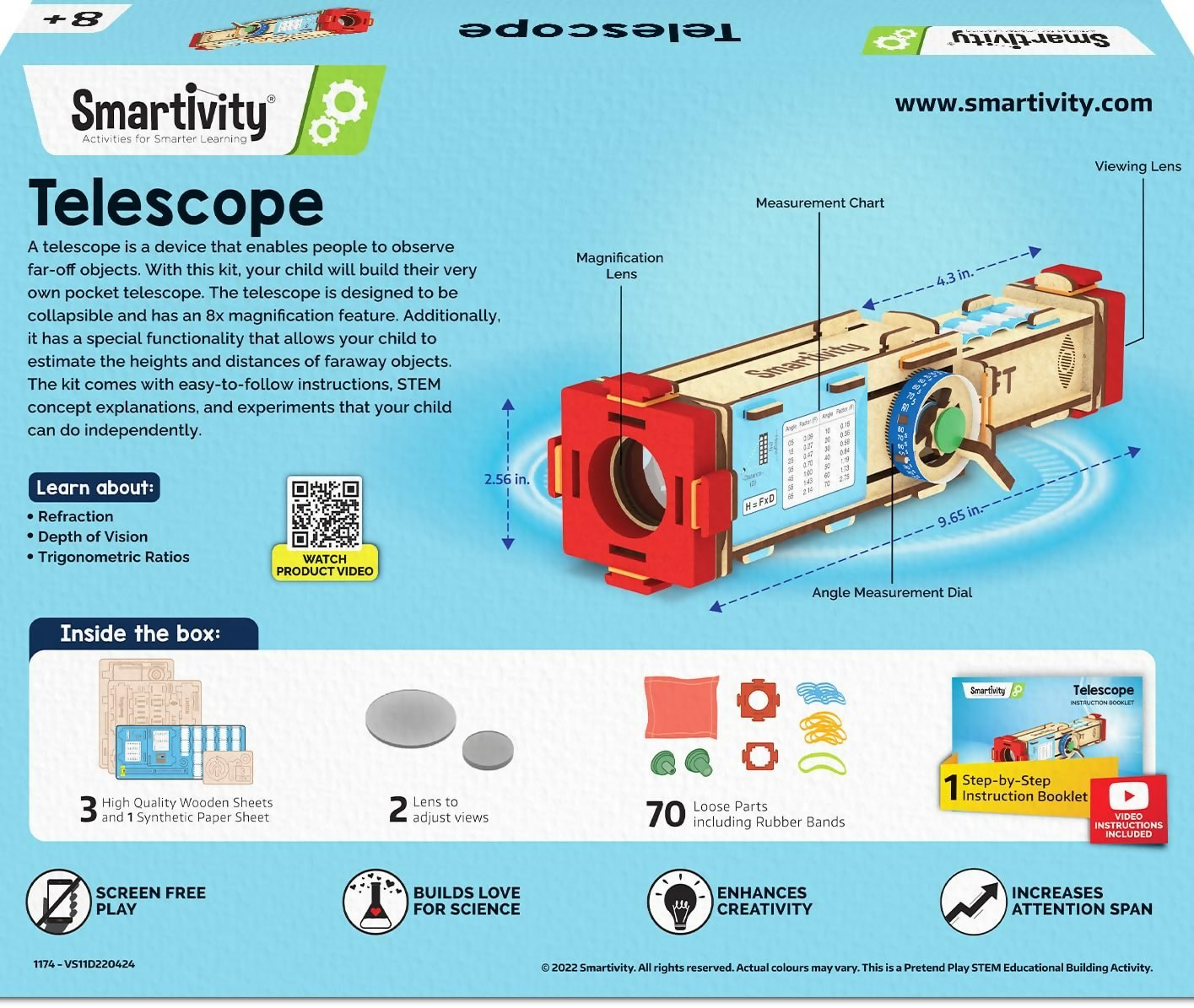 Smartivity telescope toy for kids, showing a colorful educational telescope with measurement markings for height and distance.