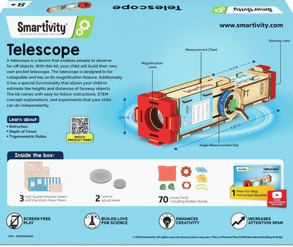 Smartivity telescope toy for kids, showing a colorful educational telescope with measurement markings for height and distance.