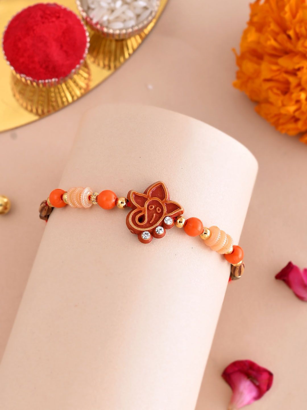 Anouk Cute Ganesha Face Beaded Thread Rakhi With Roli Chawal & Greetings Card