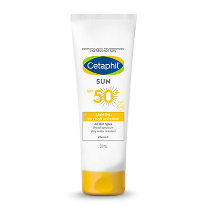 Cetaphil Sun SPF 50 Light Gel mineral sunscreen for normal, dry, and oily skin, with a smooth, lightweight texture.