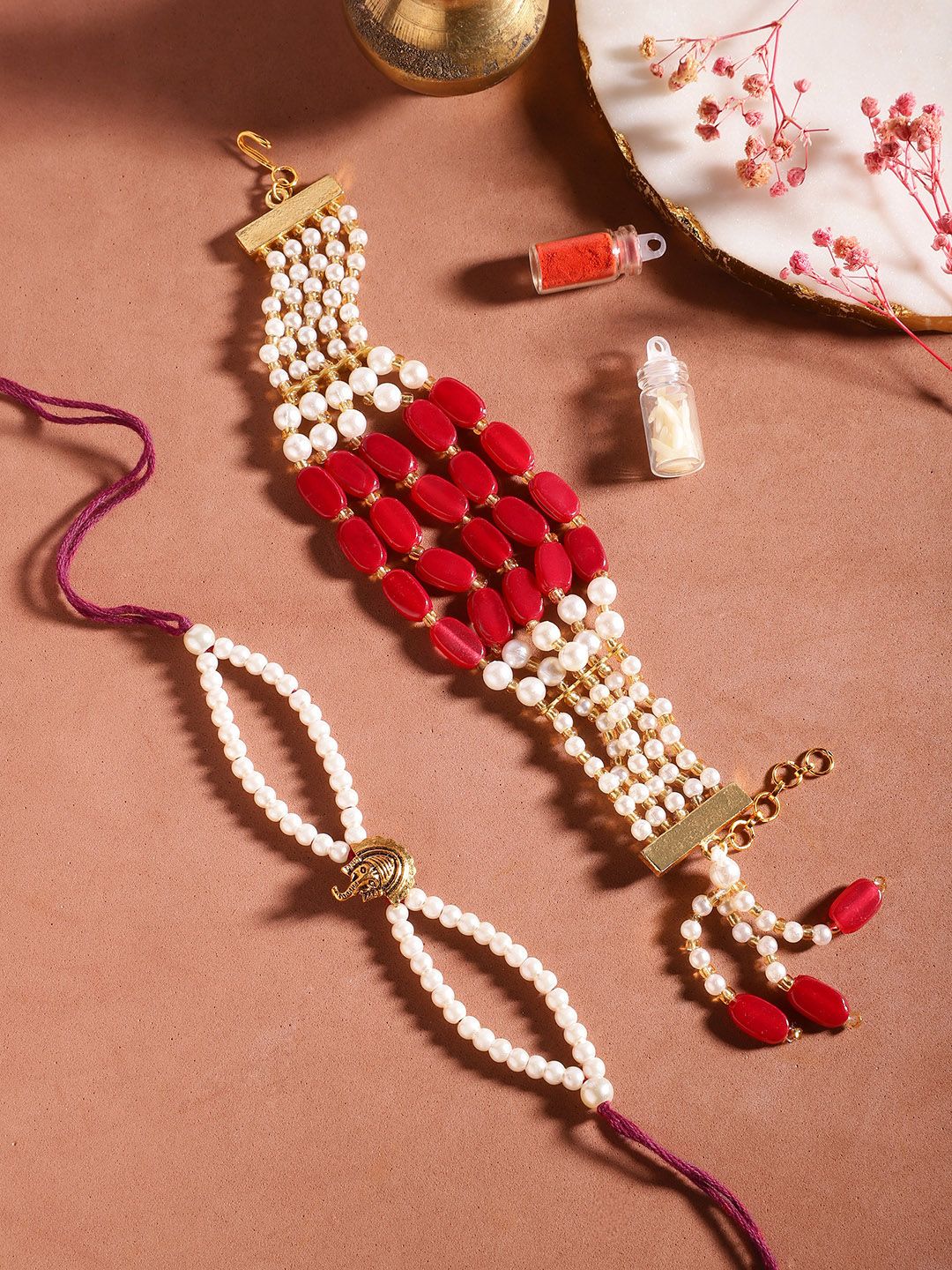 Anouk Unisex Set of 2 Beaded Bhai Bhabhi Rakhis With Roli & Chawal