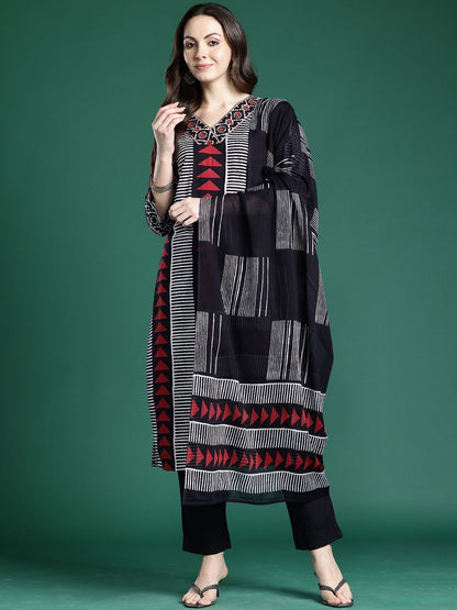Geometric Printed Straight Pure Cotton Kurta With Trouser And Dupatta