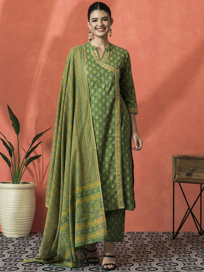 Indyancart SN Women's Floral Printed Mandarin Collar Pure Cotton Straight Kurta With Trouser & Dupatta