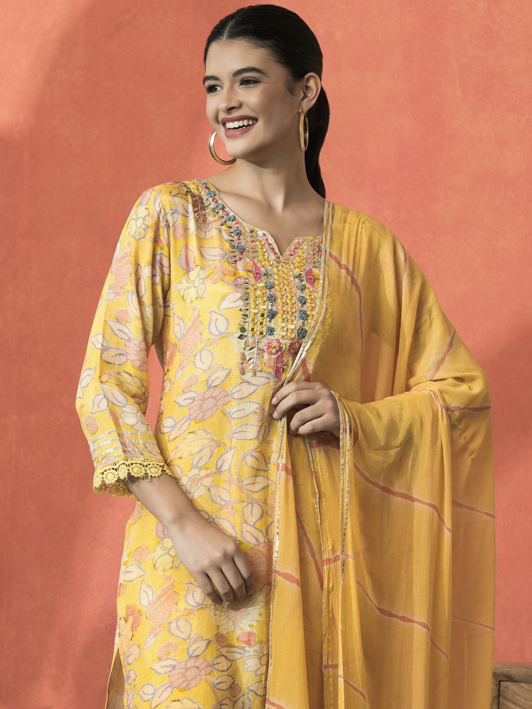 Indyancart SN Women's Floral Embroidered V-Neck Mirror Work Cotton Straight Kurta With Trouser & Dupatta