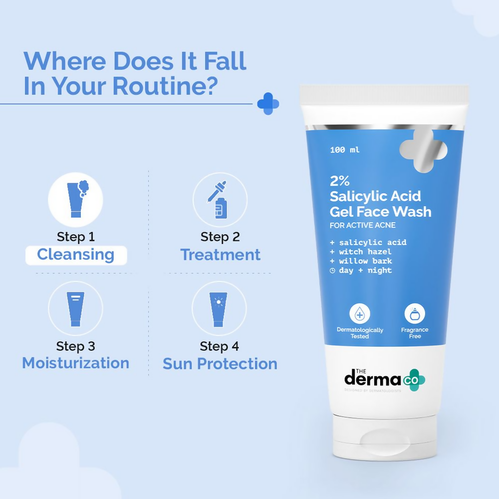 The Derma Co 2% Salicylic Acid Gel Face Wash in a clear tube, showing the product label and gel inside.
