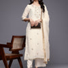 Dhiyona VA Women'sOff White Striped Regular Thread Work Kurta With Trouser With Dupatta