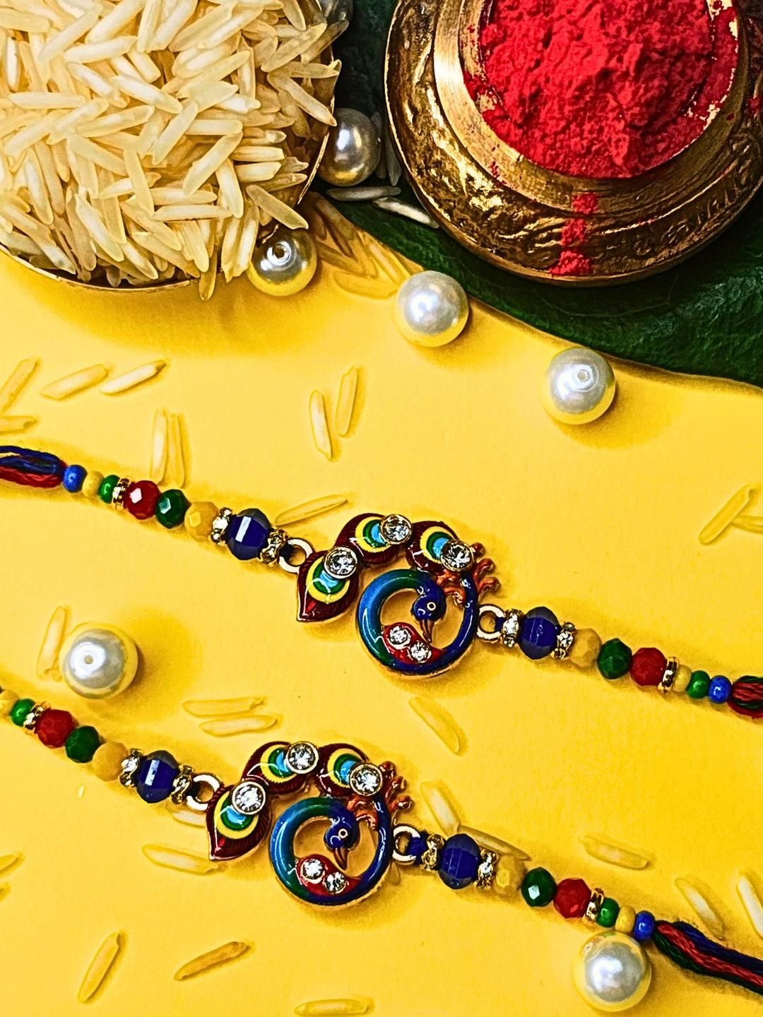 Anouk Set Of Beaded Cotton Thread with AD Stones & Meenakari Designer Rakhi for Brother