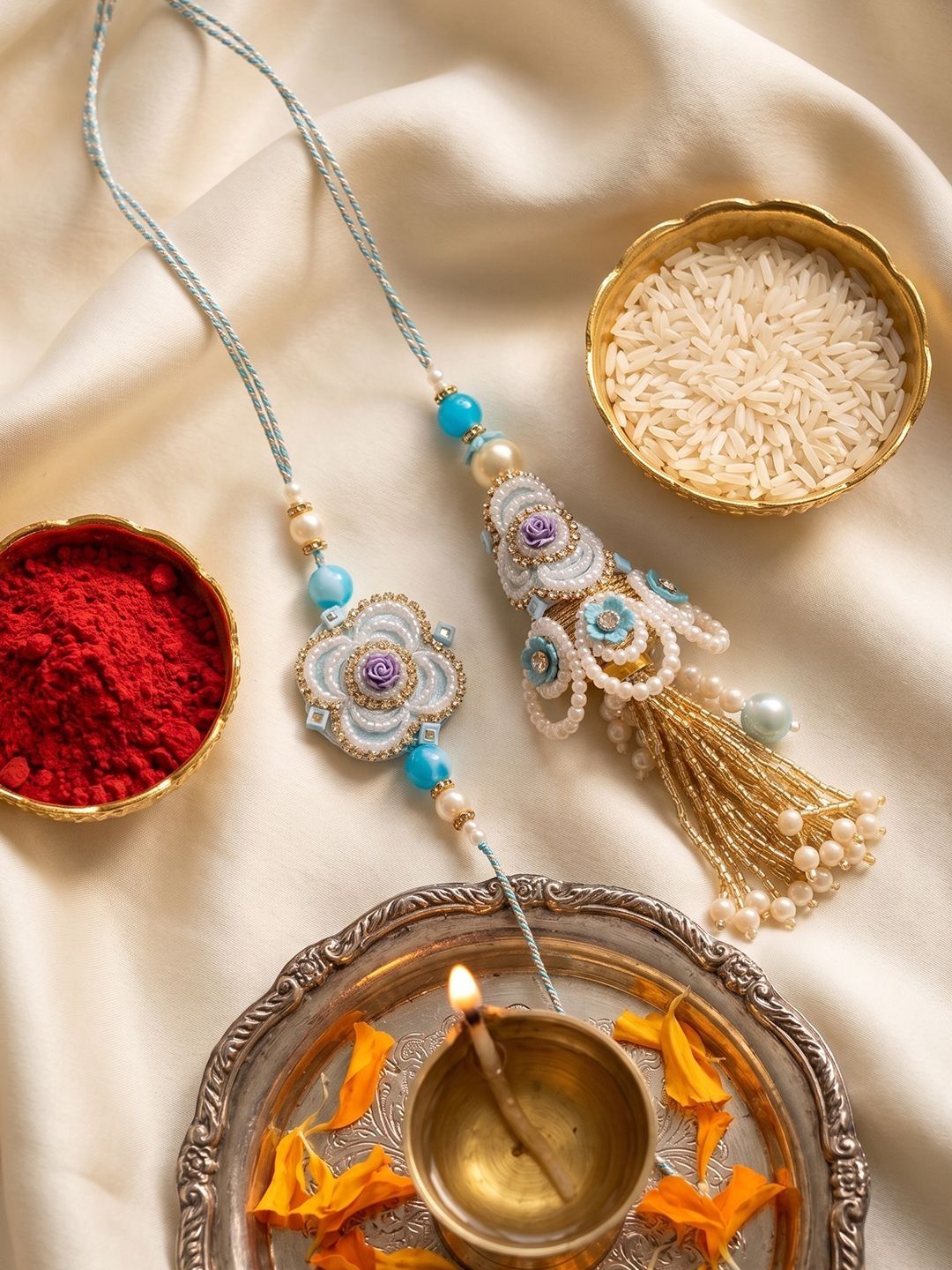 Anouk Set Of 2 Pearls & Artificial Stones Floral Bhaiya Bhabhi Rakhi With Roli Chawal