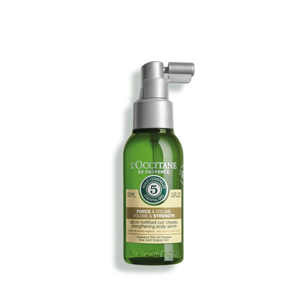 L'Occitane Strength & Volume Scalp Serum bottle with dropper, designed to boost hair strength and volume.