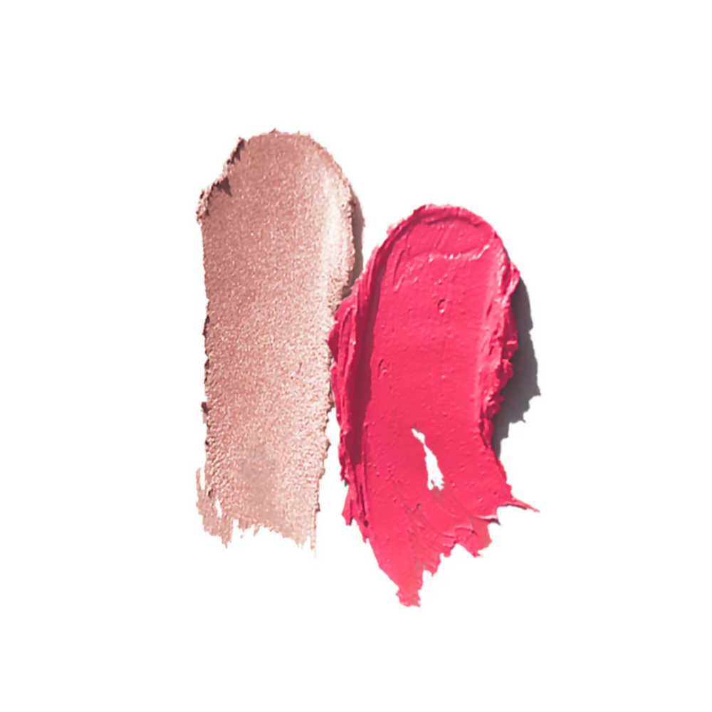 Ruby's Organics Crème Duo with Poppy Pink blush and Illuminate highlighter shown in sleek compact.