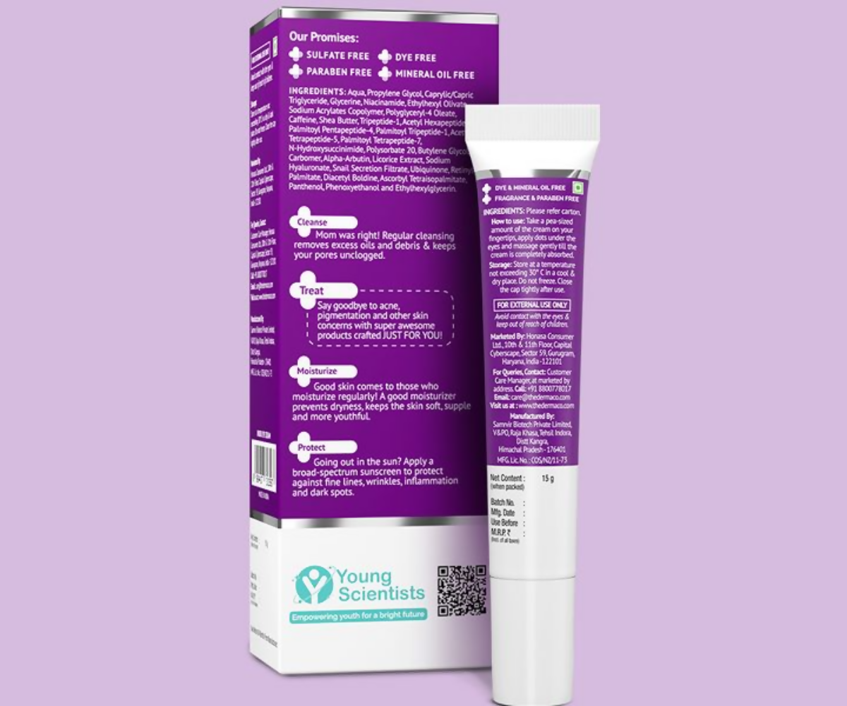 The Derma Co Snail Peptide 96 under eye cream with snail mucin and peptides, shown in a white tube with a blue cap, designed for dark circles.