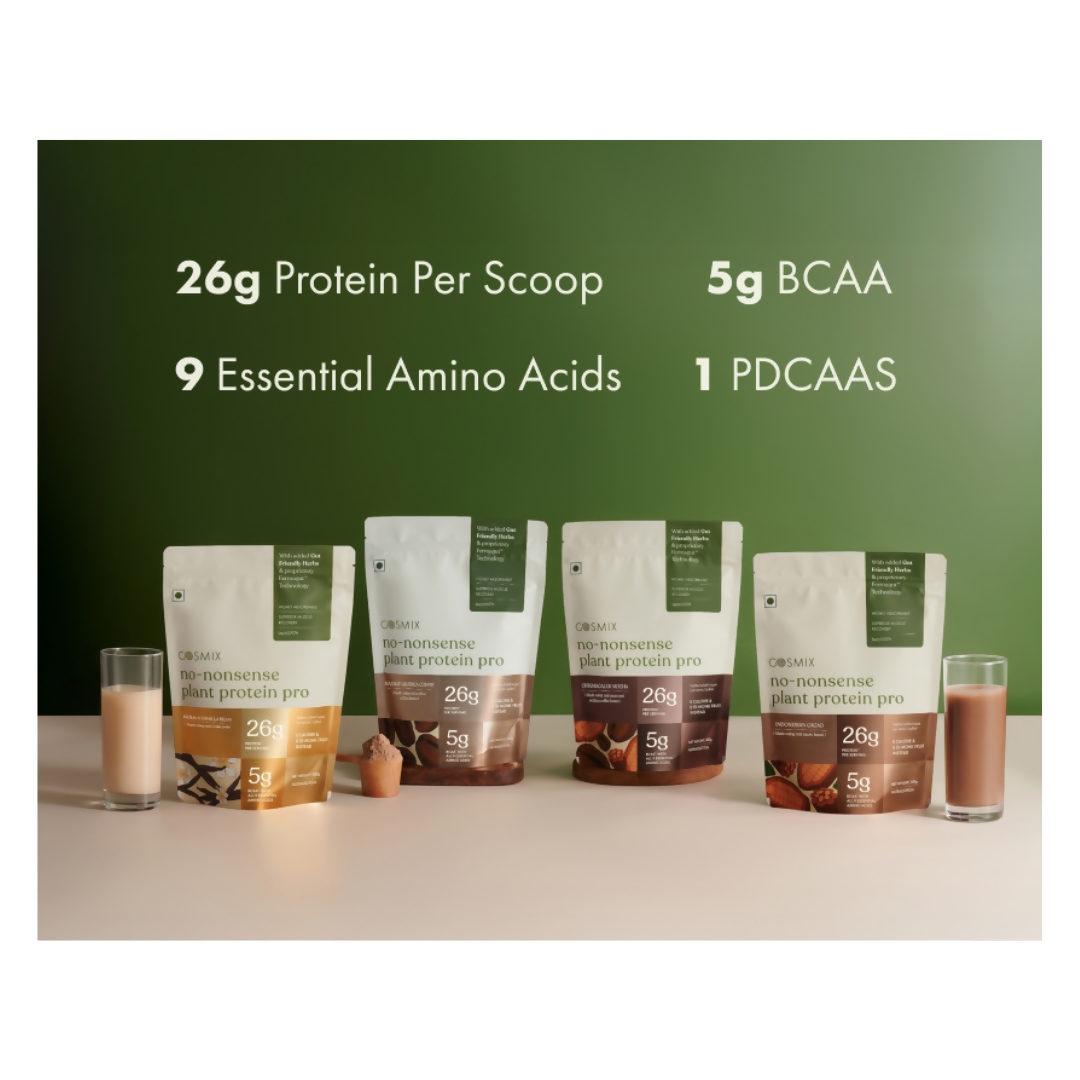 Cosmix Plant Protein Pro Kerala Vanilla Bean health drink in a glass, showcasing creamy texture and vanilla bean flavor.