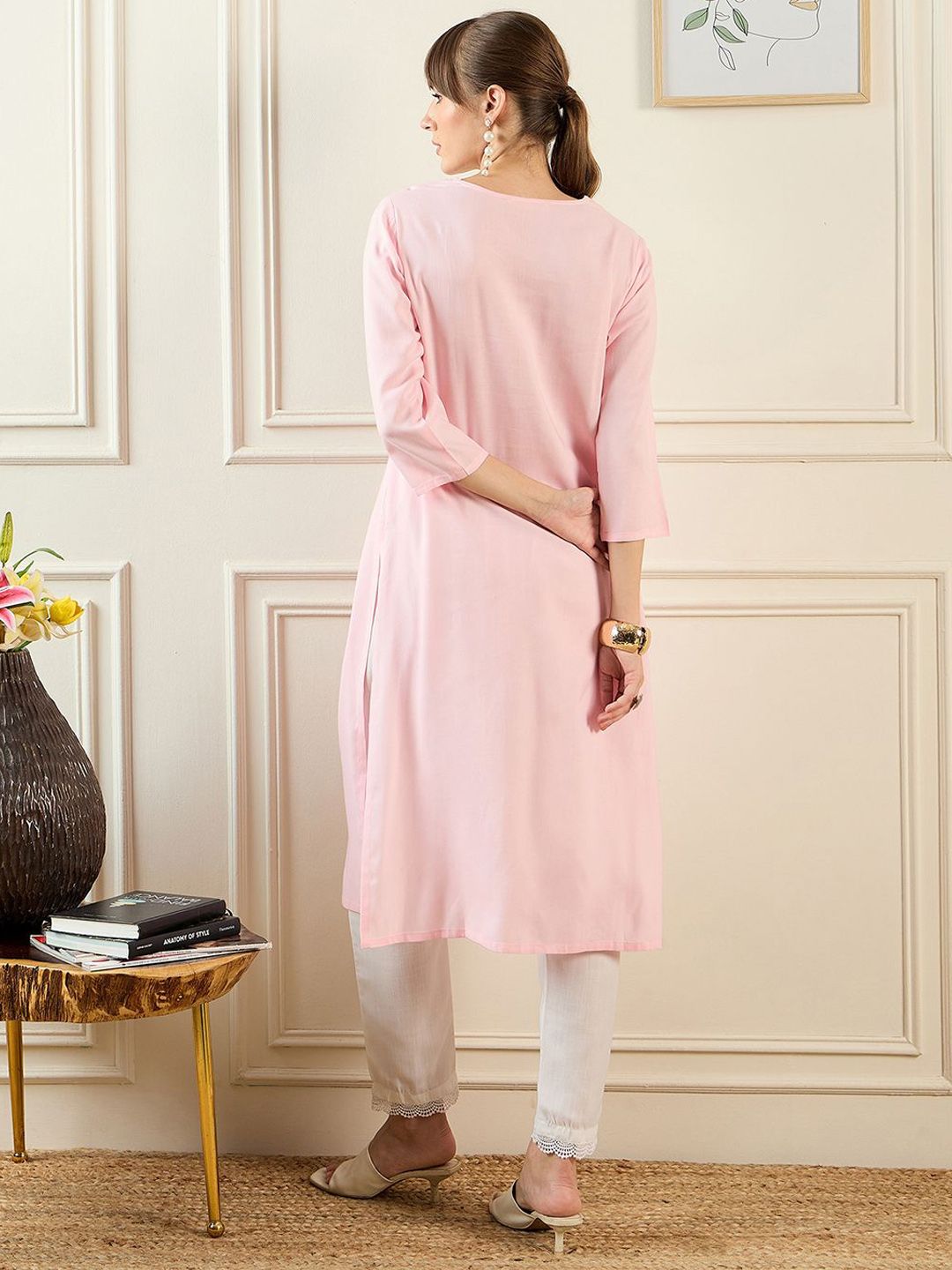 Indyancart IE Floral Yoke Design Round Neck Thread Work Straight Kurta