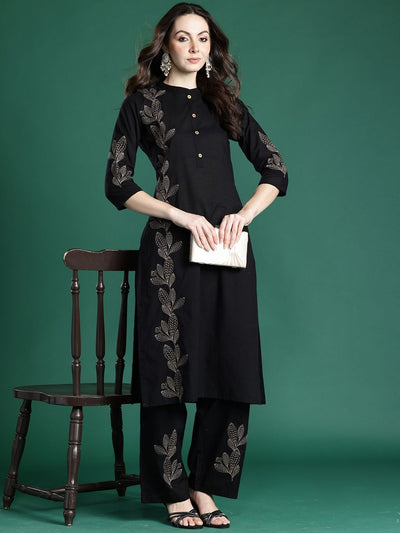 Indyancart IE Embroidered Pure Cotton Straight Tunic & Trousers Co-Ord Set