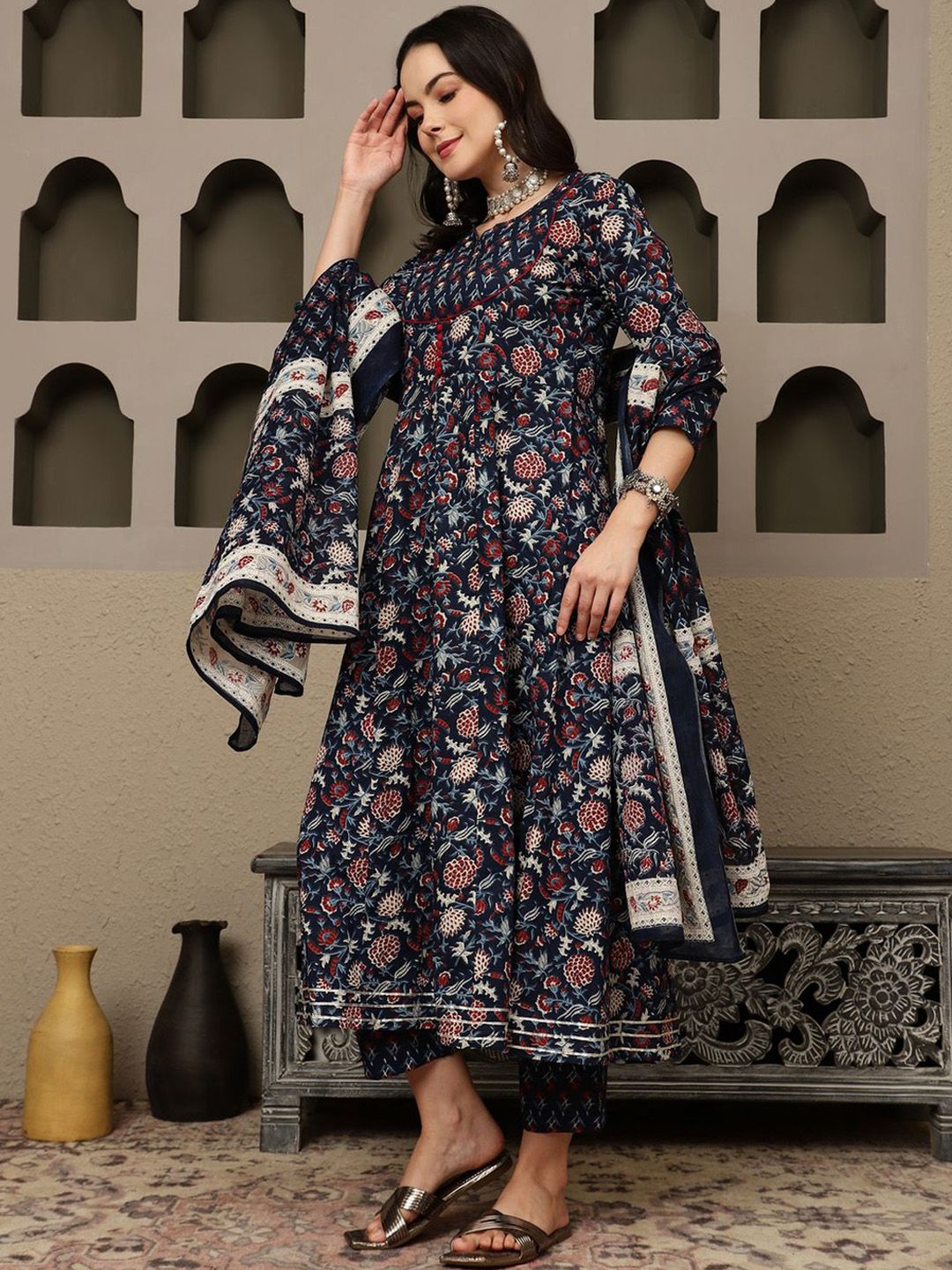 Indyancart SN Women's Navy Blue Floral Printed Pure Cotton Anarkali Kurta With Trousers & Dupatta