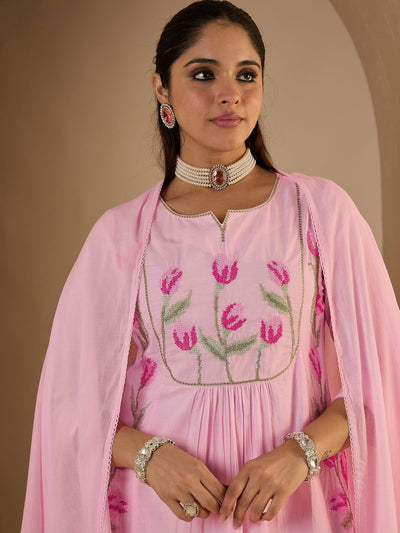 Indyancart IE Women's Women Embroidered Empire Thread Work Pure Cotton Kurta with Trousers & Dupatta