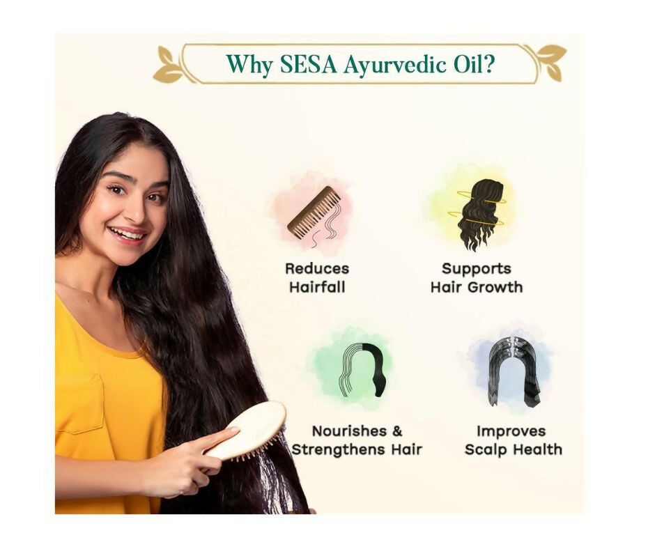 Sesa Ayurvedic Hair Oil bottles with natural ingredients, designed to promote healthy, shiny hair and scalp nourishment.
