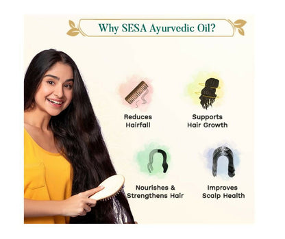 Sesa Ayurvedic Hair Oil bottles with natural ingredients, designed to promote healthy, shiny hair and scalp nourishment.