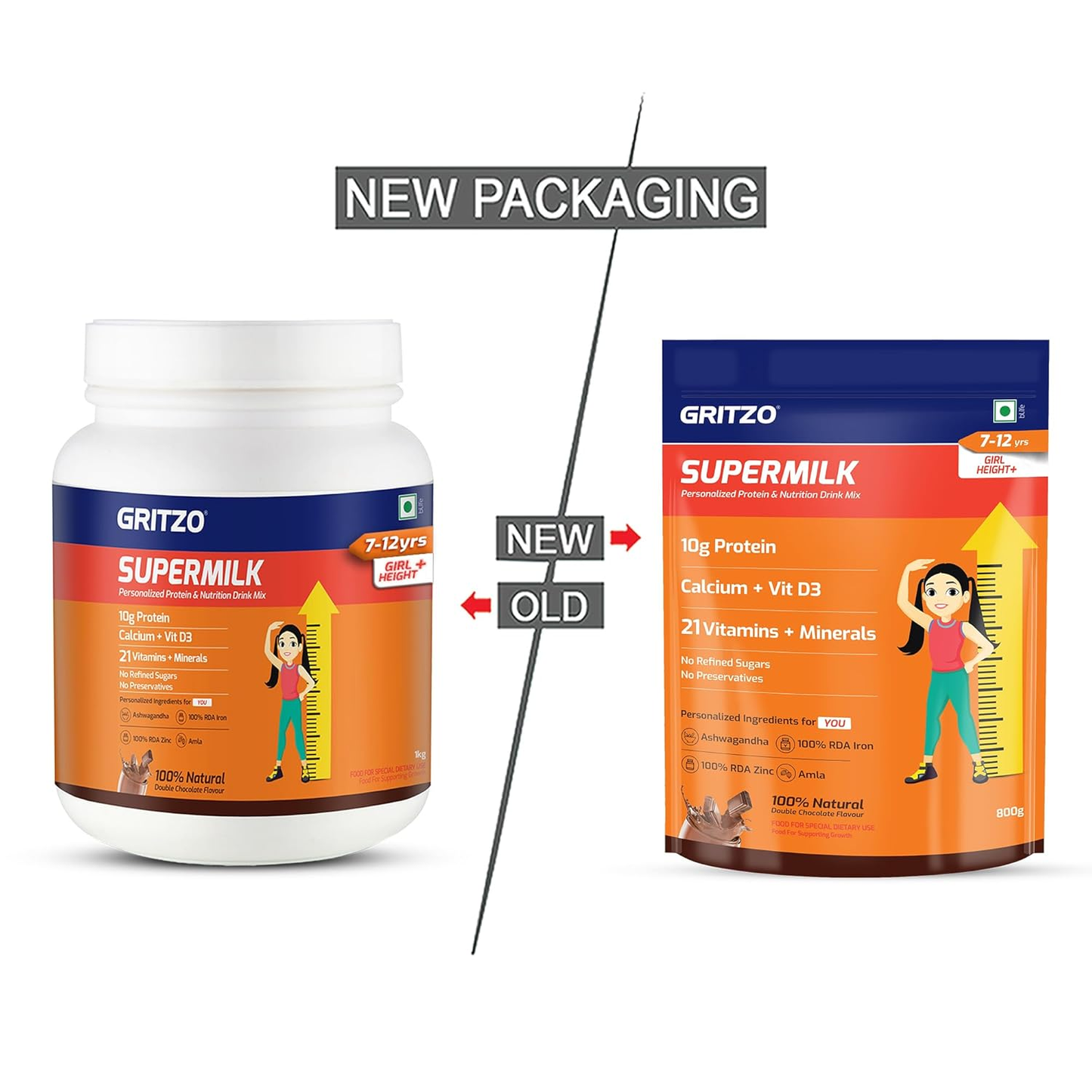 Gritzo SuperMilk Height+ Health Drink for 7-12y Girls - Double Chocolate Flavor - Indyancart