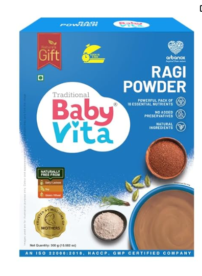 Babyvita Arbanox Ragi Powder, nutrient-rich baby milk powder blend, shown in a clear container with the powder inside.