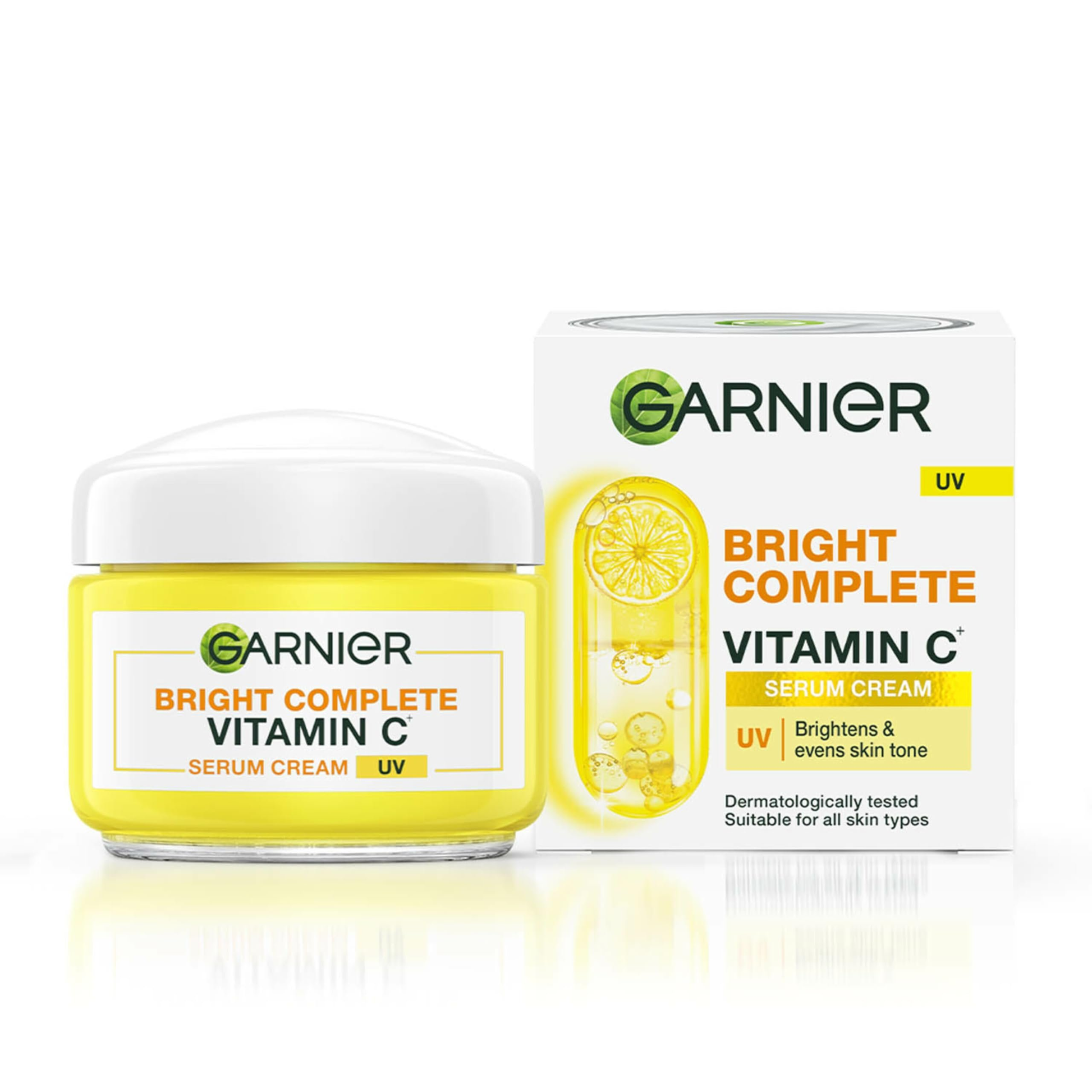 Garnier Skin Naturals Bright Complete Vitamin C serum cream in a jar, showcasing the product's brightening skincare formula.