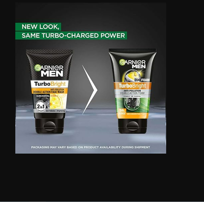 Garnier Men Turbo Bright anti-pollution face wash in a tube, designed for deep cleansing and brightening men's skin.