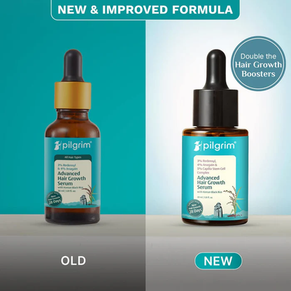Pilgrim hair serum with 3% Redensyl and 4% Anagain, featuring Korean black rice, for advanced hair growth treatment.