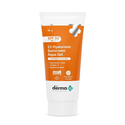 The Derma Co 1% Hyaluronic Sunscreen Aqua Gel with SPF 50, clear gel texture in a white tube with blue accents.