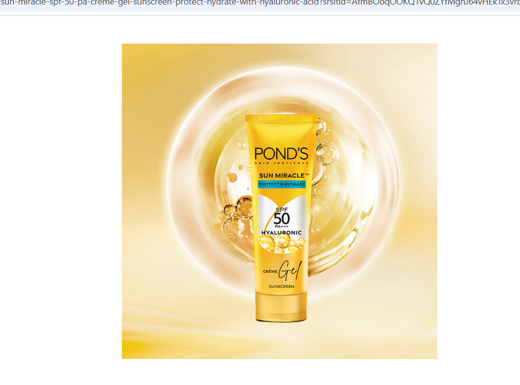 Ponds Sun Miracle SPF 50 PA+++ crème gel sunscreen in a white tube with blue cap, showcasing the product label.