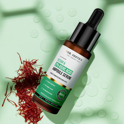 Dr. Sheth's Kesar & Kojic Acid Serum bottle with dropper, featuring a sleek design and label for skincare treatment.