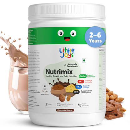 Little Joys Nutrimix Lite powder for kids aged 2-6, chocolate flavor, showing the product container with chocolate powder inside.