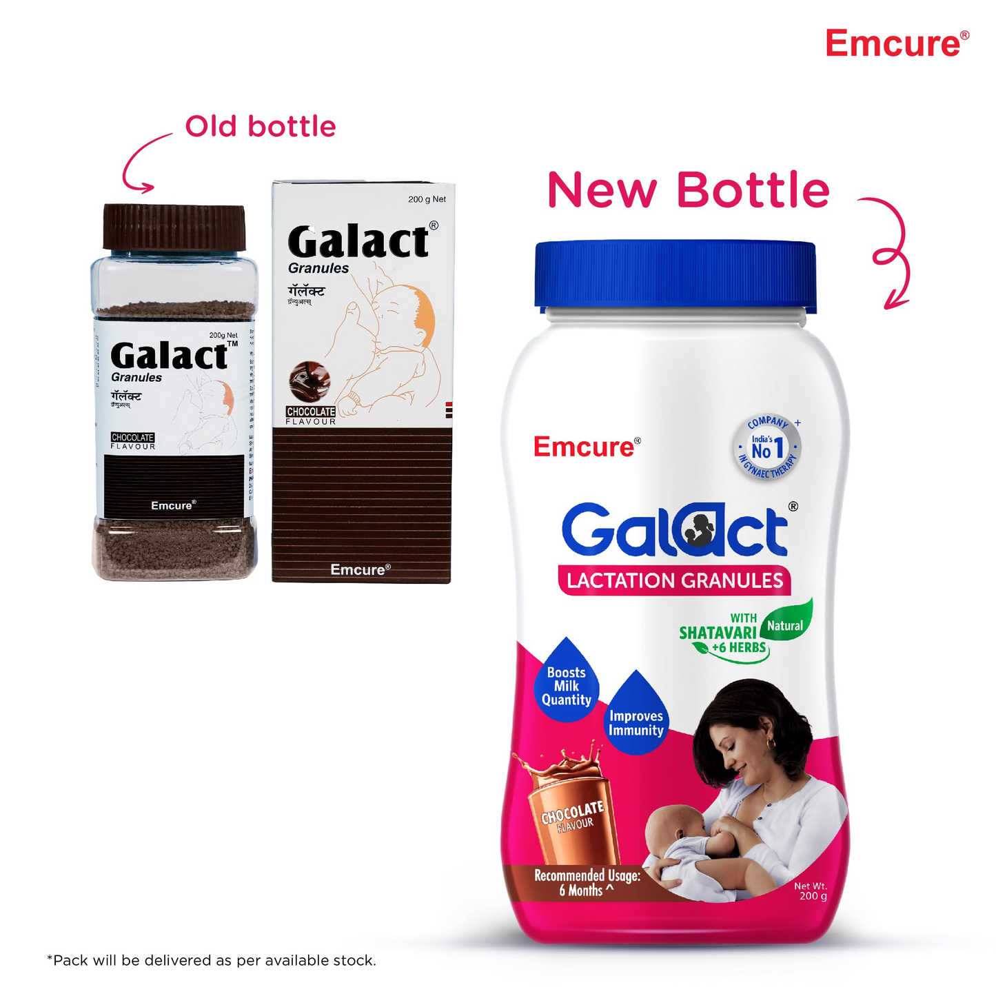 Emcure Pharma Galact Lactation Granules in chocolate flavor, Ayurvedic herbal granules with Shatavari for lactation support.