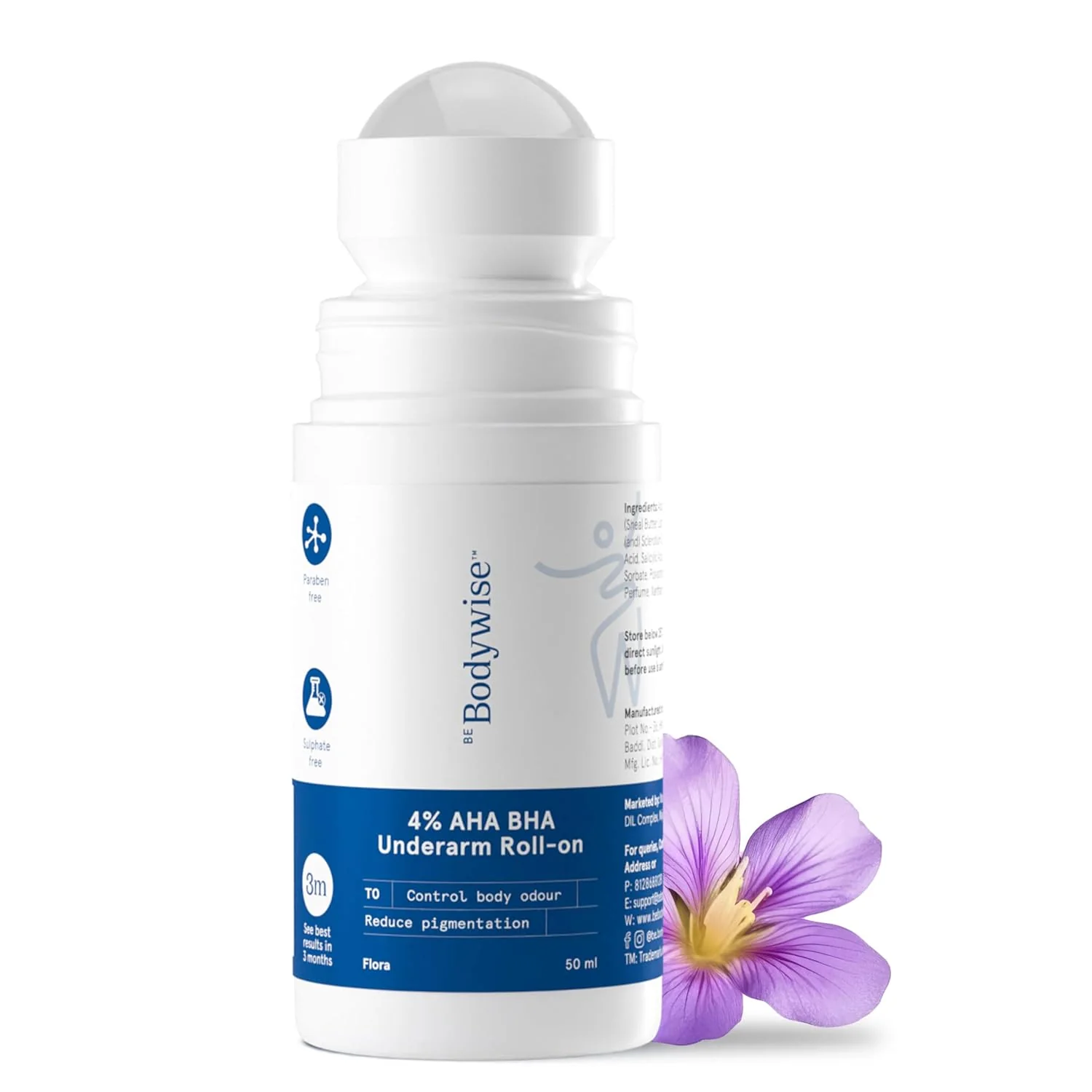 BeBodywise 4% AHA BHA underarm roll-on cream for reducing pigmentation, shown in a clear container with floral fragrance.