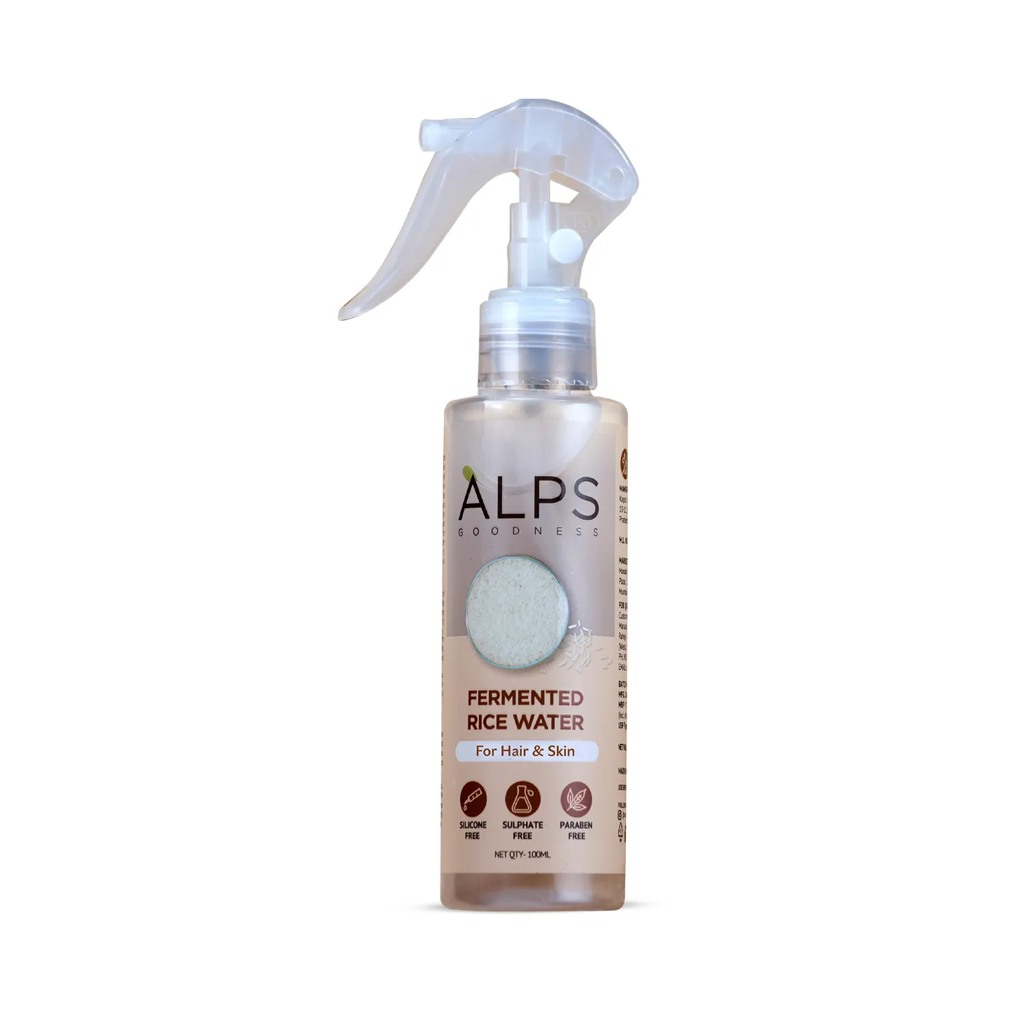 Alps Goodness Fermented Rice Water Face Toner bottle with label, showing a refreshing skincare product for hair and skin.