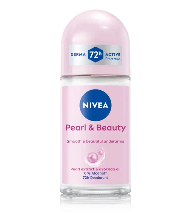 Nivea Pearl and Beauty Deo Roll On underarm cream with pearl extracts and avocado oil, promoting smooth, beautiful, alcohol-free underarms.