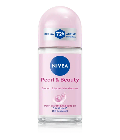 Nivea Pearl and Beauty Deo Roll On underarm cream with pearl extracts and avocado oil, promoting smooth, beautiful, alcohol-free underarms.