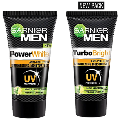 Garnier Men Power White anti-pollution brightening moisturizer in a white tube, displayed on a neutral background.