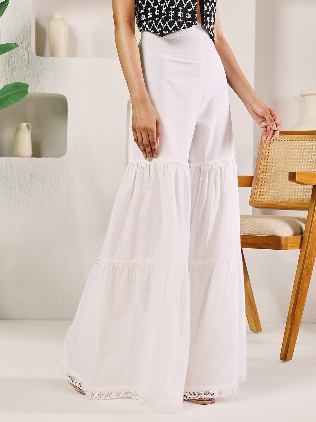 Indyancart FL Women's Off White Cotton Solid Palazzo