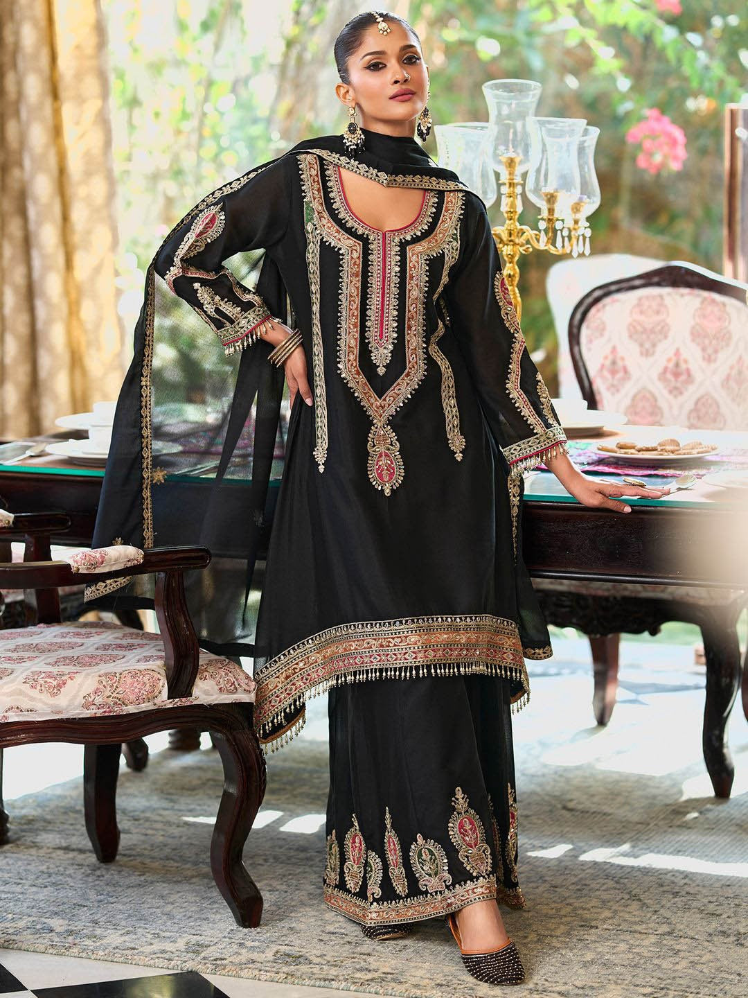 Dhiyona IE Women's Embroidered Mirror Work Straight Kurta With Palazzos & Dupatta