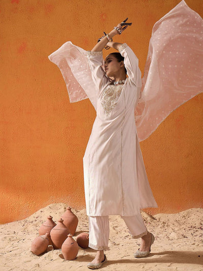 Indyancart IE Paisley Embroidered Panelled Liva Straight Kurta With Trousers & Dupatta