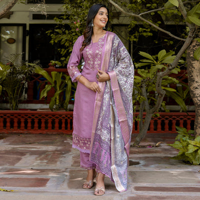 Indyancart VV Women's Silk Blend Kurta Pant Dupatta Set