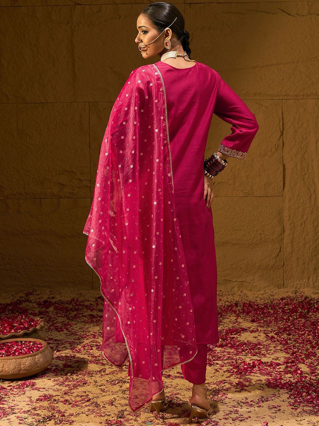 Indyancart IE Ethnic Motifs Yoke Design Straight Zari Liva Kurta with Trousers & Dupatta