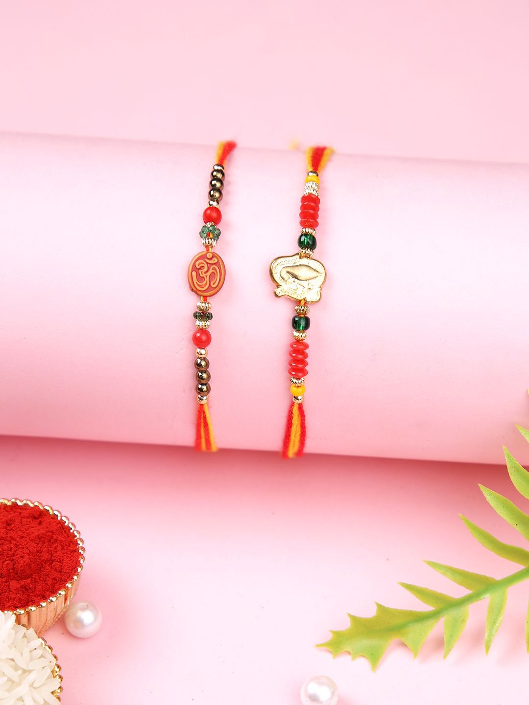 Anouk Set Of 2 Red Om & Lord Ganesh Beaded Rakhi With Roli Rice & Greeting Card