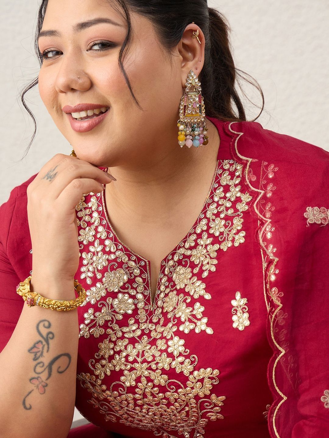 Indyancart Women's Ethnic Motifs Embroidered Regular Kurta with Trousers & With Dupatta
