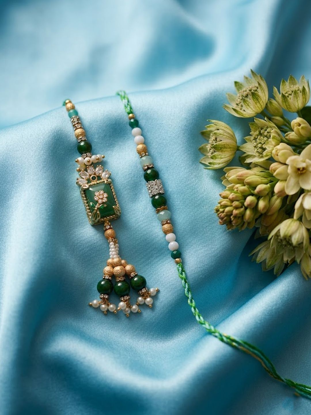 Anouk Set Of 2 Green Artificial Beads Traditional Bhaiya Bhabhi Rakhi With Roli Chawal