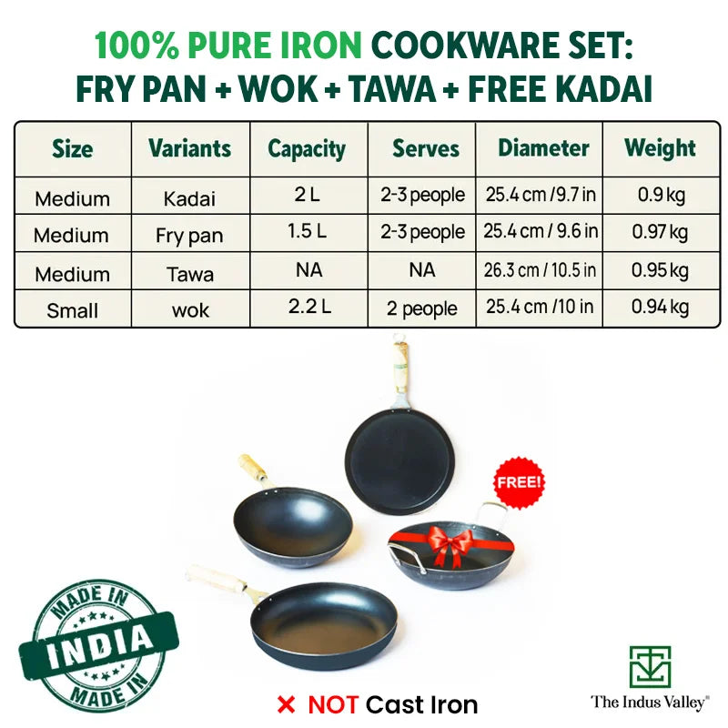 The Indus Valley 100% Pure Iron Cookware Set: Tawa+ Fry Pan+ Wok, Toxin-free Sheet Iron, Pre-seasoned, Induction & Gas, Kitchen Set for Home, Kadai