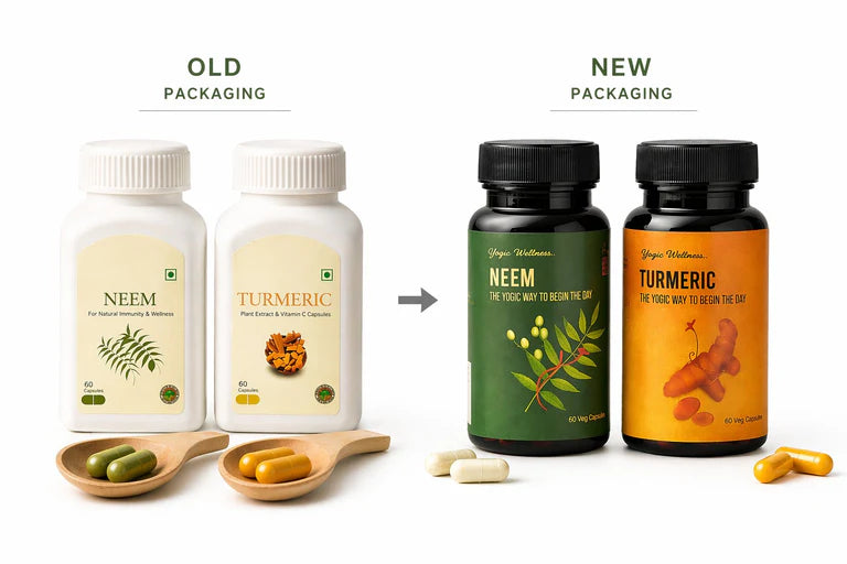 Isha Life Neem and Turmeric Ayurvedic capsules in a white bottle with capsules visible inside.