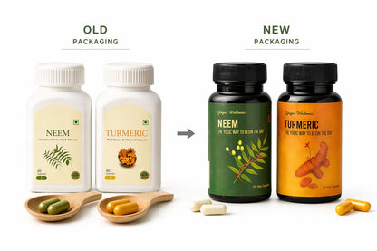 Isha Life Neem and Turmeric Ayurvedic capsules in a white bottle with capsules visible inside.