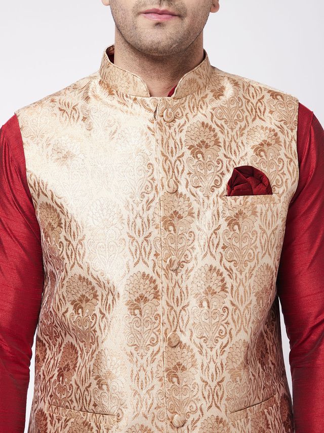 Men's Maroon Silk Blend Straight Jacket  Kurta and Dhoti Set