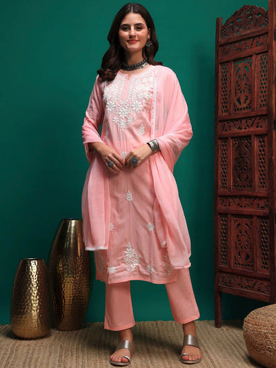 Indyancart SN Women's Floral Embroidered Cotton Kurta with Trousers & Dupatta